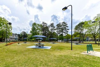 a park with picnic tables and umbrellas on the grass